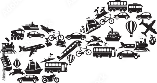Various Transportation Modes in Black and White Silhouette Style