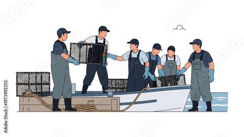 Harvesters at Sea: A team of skilled workers collaborates on a boat, diligently transporting cages with their aquatic bounty. A scene of coordinated efforts set against the open water.