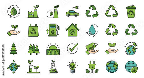 Eco Friendly and Sustainability Vector Icon Set for Green Energy, Recycling, and Environmental Conservation Concepts