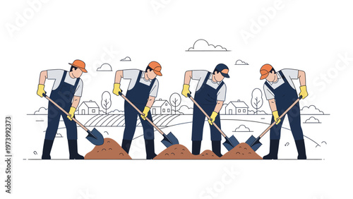 Unearthing Progress: Four laborers collaborate with their shovels, diligently excavating soil, symbolizing hard work and progress in the fields.