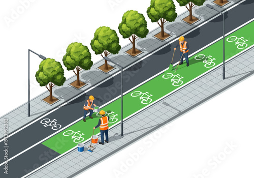 Urban street maintenance crew working on bicycle lane on sunny day with trees lining the road