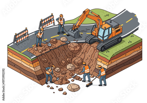 Road construction crew repairing a large pothole on a street with heavy machinery and safety barriers