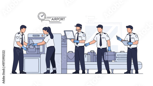Airport Security Checkpoint: A team of security personnel meticulously inspects luggage at an airport checkpoint, ensuring safety and order with precision and professionalism. 