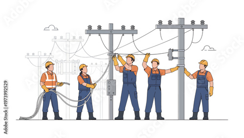 Power Line Installers at Work: A team of skilled technicians meticulously working on power lines, ensuring the smooth flow of electricity. They are depicted with focused determination and dedication.