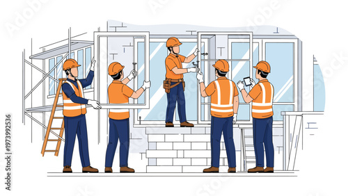 Constructing a Vision: A team of skilled builders diligently installs a window, showcasing their expertise and precision in the construction process. 