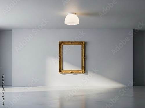 Minimalist gallery space with ornate gold picture frame and sleek lighting