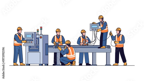 Industrial Team at Work: A group of skilled workers collaborate on a manufacturing assembly line, meticulously operating machinery, demonstrating precision.