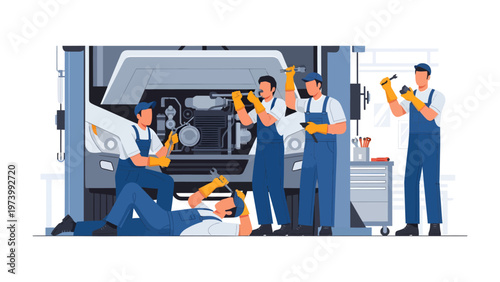 Auto Mechanics' Symphony: A coordinated team of auto mechanics skillfully attends to a car in a modern workshop, representing the precision and dedication of automotive repair and maintenance.