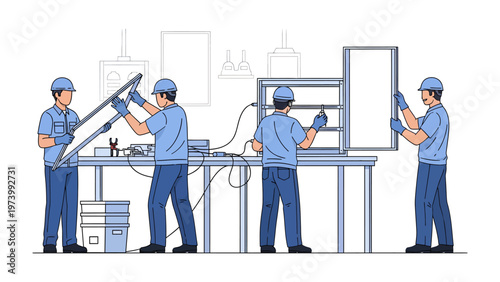 Crafting the Future: A skilled team of workers collaborates in a workshop, meticulously assembling a complex structure, demonstrating precision and teamwork.