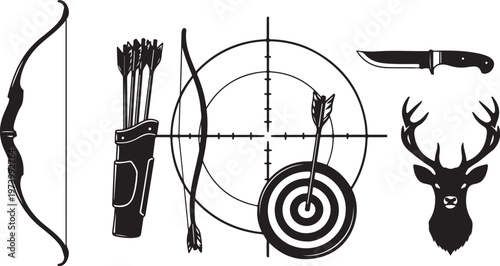Hunting and archery equipment in black silhouette style icons