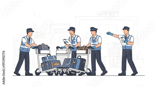 Airport Baggage Handling: A team of airport personnel diligently manages luggage, overseeing the transport and organization of baggage within the airport environment.