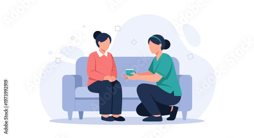 Caregiver offers cup to elderly woman sitting on sofa, healthcare, support, home care concept