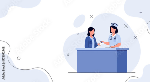 Nurse and Patient at Reception Desk, Healthcare Consultation, Medical Check-up