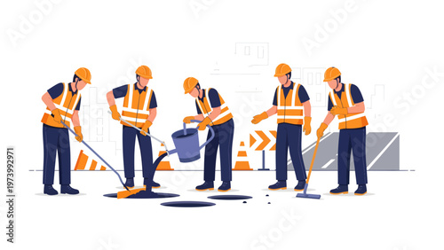 Road Workers in Action: A team of dedicated road workers meticulously maintain and repair the road surface, ensuring smooth and safe passage for all travelers.