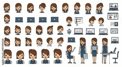 Cartoon businesswoman various poses and expressions.
