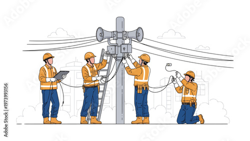 Installation of Public Safety System: A team of dedicated technicians meticulously installs a public safety system, ensuring community preparedness and emergency response readiness.