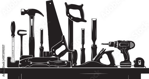 Collection of various tools on a workbench illustration set