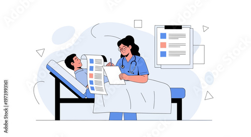Doctor examines patient chart in hospital room, medical checkup illustration