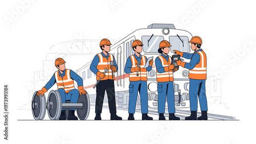 Team of Engineers: A collaborative team of engineers inspects and maintains a train, showcasing their expertise and dedication to the industry. 