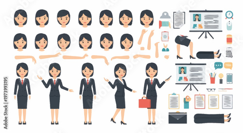 Businesswoman cartoon character various expressions.