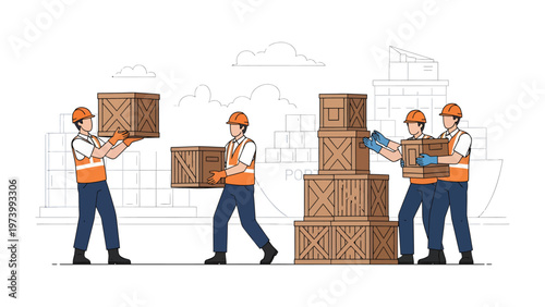 Logistics Team at Work: A team of skilled logistics professionals collaborate in a precise dance of moving wooden crates, embodying the seamless process of supply chain management and transport.