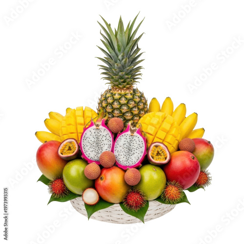 Fresh tropical fruit basket arrangement with pineapple dragon fruit mangoes and berries on white background