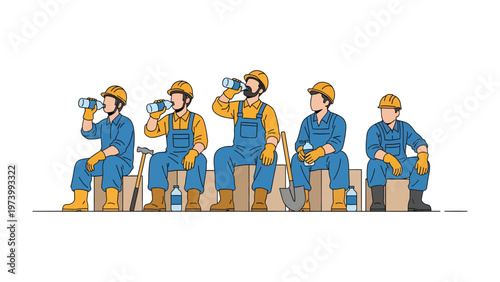 Rest and Refresh: Construction workers take a moment to rehydrate, quenching their thirst with water bottles and resting on a bench after hard work.
