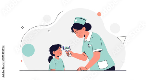 Nurse checks child's temperature with infrared thermometer, healthcare concept