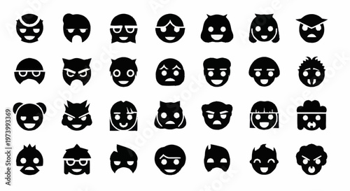 Black and white cartoon faces icons.