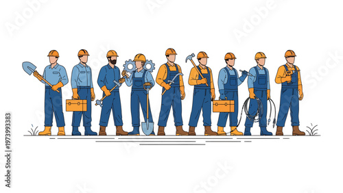 Workers in the Construction Industry: A team of construction workers stand confidently, each holding a different tool of their trade.