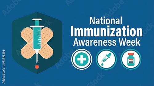 National immunization awareness week healthcare medical symbol shield syringe bandage healthcare cross dropper and vaccine vial icon blue background vector illustration.