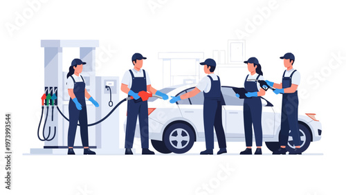 Service Station Synergy: A team of dedicated attendants orchestrates a seamless refueling experience, ensuring efficiency and customer satisfaction at the modern service station.