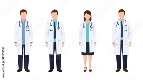 Diverse group of healthcare professionals in lab coats with stethoscopes. Medical staff vector illustration.
