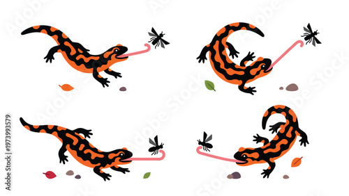 Set of Cartoon Salamanders Catching Flies. Amphibian Predator Illustration on White Background.