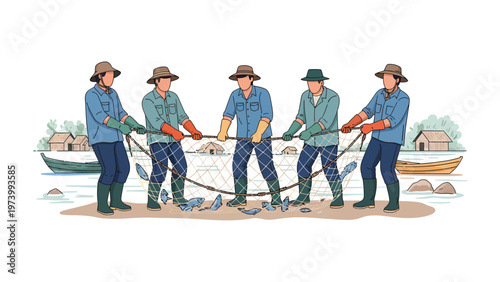 The fishermen's cooperative: Illustrates five determined fishermen hauling in a bountiful net of fresh fish in a harmonious coastal setting.