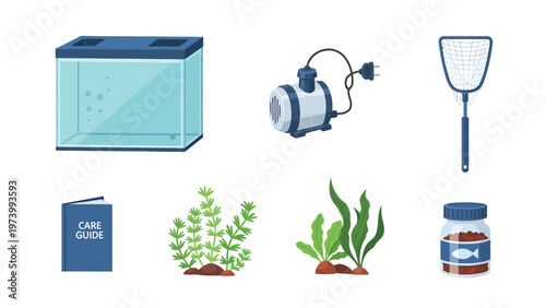 Aquarium Essentials: Fish Tank, Pump, Net, Aquatic Plants, Fish Food, and Care Guide Vector Set