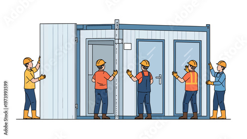 Building Assembly: A team of construction workers is meticulously installing exterior panels on a prefabricated modular building, showcasing precision and teamwork.