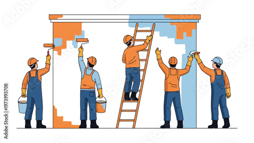 Revitalizing Transformation: A team of skilled painters in a coordinated effort, diligently refreshing a structure with vibrant color, epitomizing the essence of renovation and renewal.