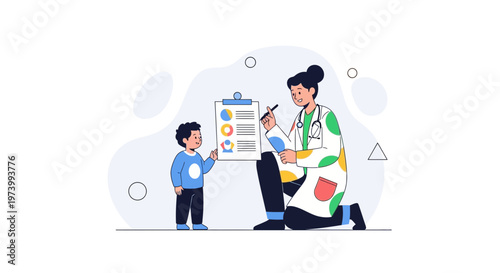 Doctor consulting child patient with medical chart, illustration