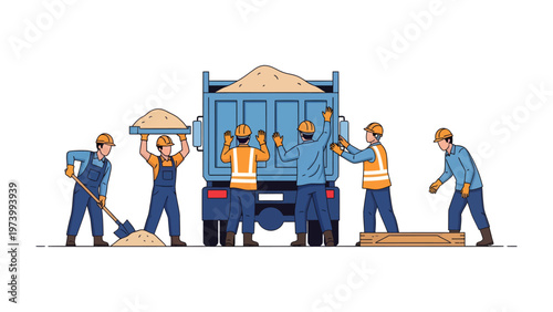 Construction Crew Unloading Sand: A hardworking construction crew meticulously unloads sand from a truck, demonstrating teamwork and precision on a construction site.