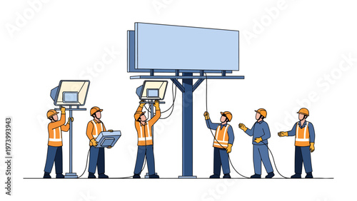 Billboard Installation Team: A team of skilled technicians meticulously install a billboard, showcasing the collaborative effort of specialists in outdoor advertising.