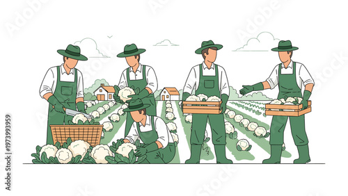 Harvesting in Harmony: A team of dedicated agricultural workers diligently harvest a bountiful crop in a sun-drenched field. A testament to hard work and the abundance of nature.