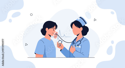 Nurse checks patient's vital signs with stethoscope and monitor, medical checkup illustration