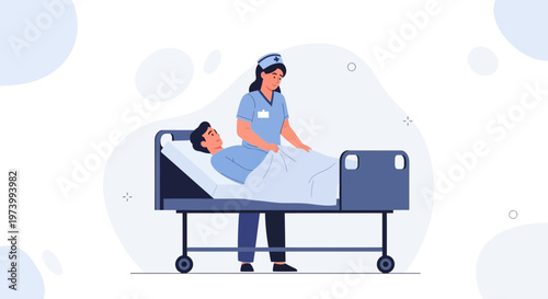 Nurse caring for patient in hospital bed, medical assistance, healthcare concept