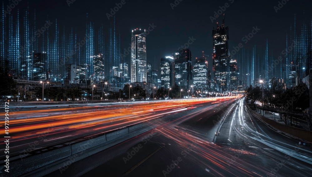 Fototapeta premium Cityscape at Night with Traffic Lights and Data Streams