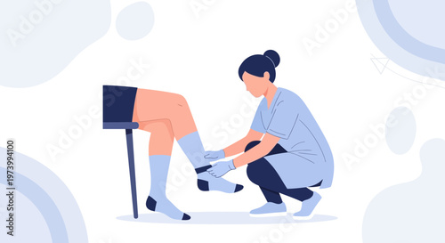 Nurse applying compression socks to patient's leg for medical treatment, illustration