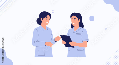 Two nurses discussing medical chart, healthcare professionals collaborating in clinic