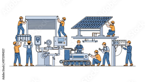 Engineers Assemble Technology: Skilled engineers meticulously work together to assemble advanced technological components, embodying innovation and progress in an industrial setting. 