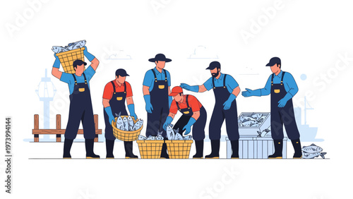 Fish Harvest: A team of dedicated fishermen engage in the traditional practice of harvesting the day's catch, efficiently transferring their bounty into baskets.