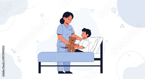 Nurse Comforts Child Patient with Teddy Bear in Hospital Bed, Caring Healthcare Illustration
